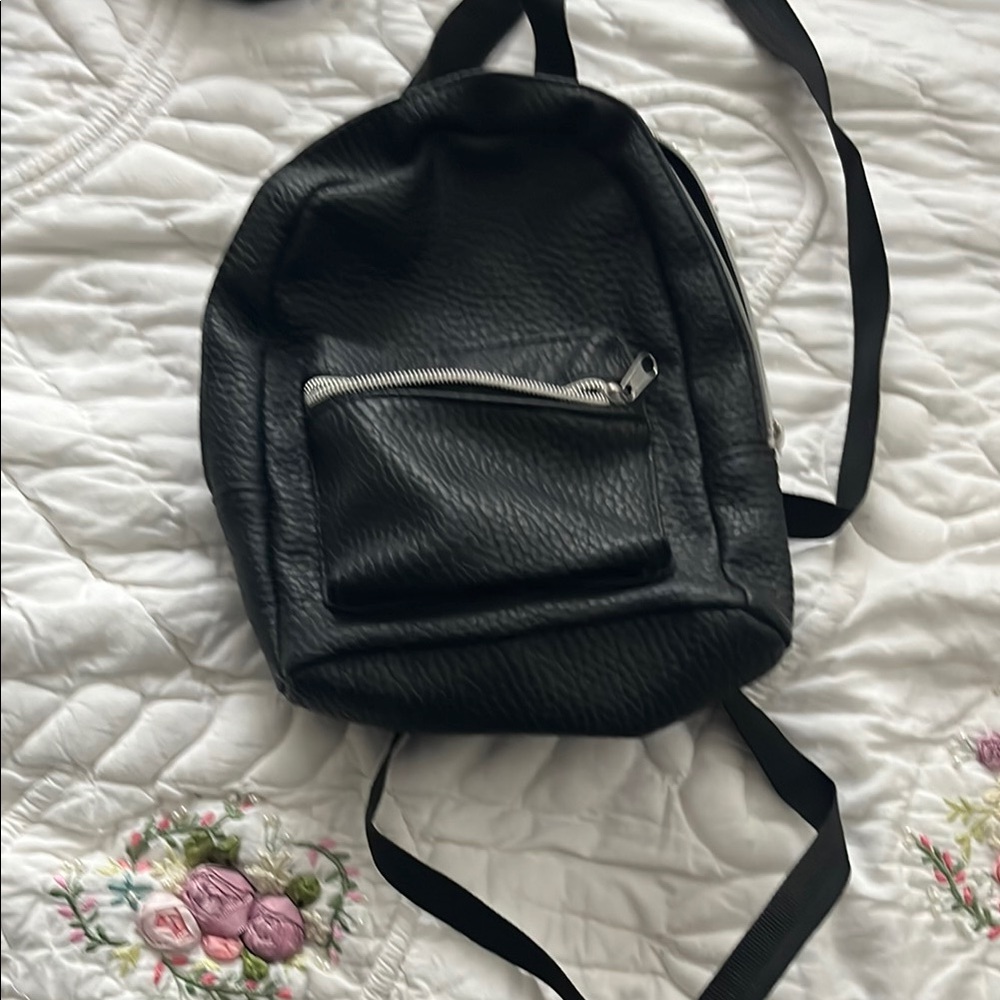 Black Leather Backpack with Silver Zipper